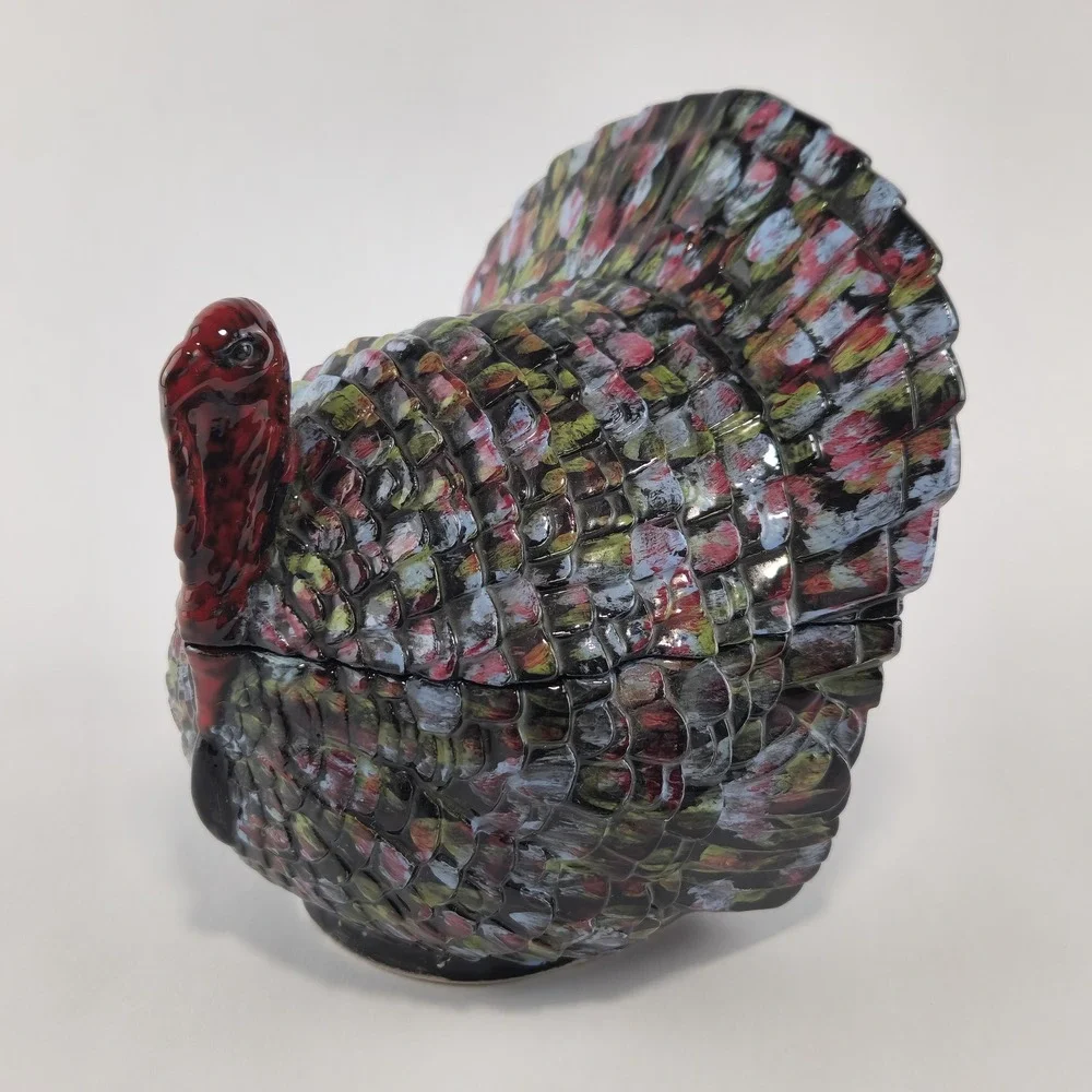 Vintage Hand Painted Ceramic Turkey Nut Candy Lidded Dish Thanksgiving Décor